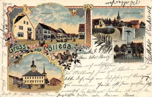 Gruss aus Kölleda Marktplatz, Rathaus, Johanniskirche Litho Postkarte 1902