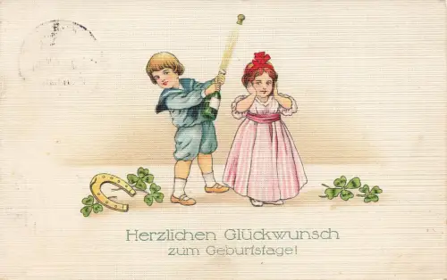 Herzlichen Glückwunsch zum Geburtstage Hufeisen Kleeblatt Kinder Postkarte 1914