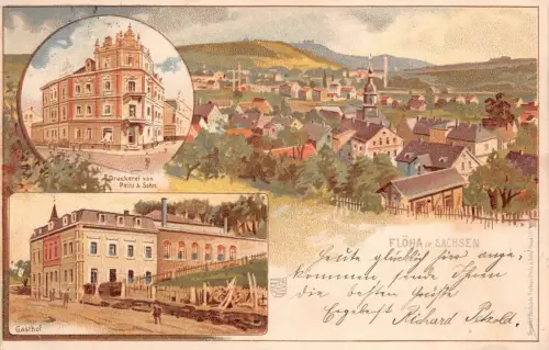 Flöha in Sachsen Druckerei von Peitz & Sohn Gasthof Postkarte 1900