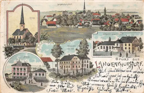 Gruss aus Langenhursdorf Kirche Schule Erbgericht Restaurant Postkarte AK 1899