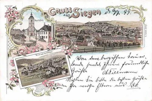 Gruss aus Siegen Marktplatz Blick auf die Hütten Litho Postkarte AK 1899