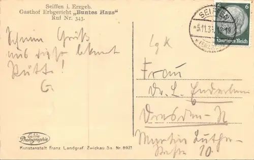 Gasthof Erbgericht Buntes Haus in Seiffen Erzgebirge Sachsen Postkarte AK 1931