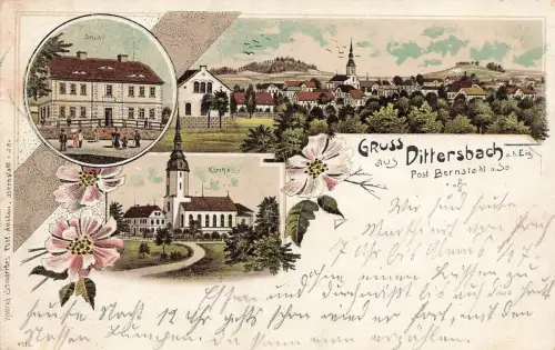 Gruss aus Dittersbach mit Kirche und Schule Sachsen Litho Postkarte AK