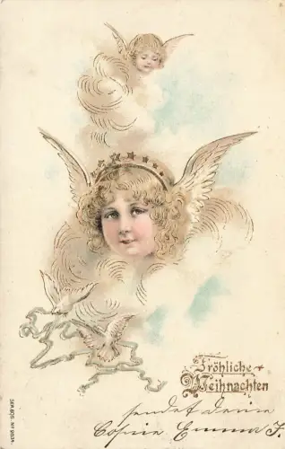 Fröhliche Weihnachten Engelskinder Flügel Mädchen Wolken Postkarte AK 1904