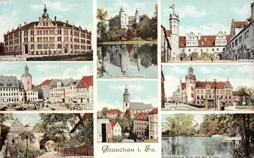 Panorama Karte mit Postamt, Schloss und Schule Glauchau Sachsen Postkarte