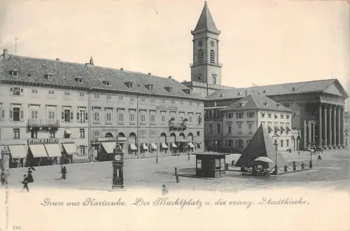 Gruss aus Karlsruhe Marktplatz u. evangelische Stadtkirche Baden-Württemberg AK