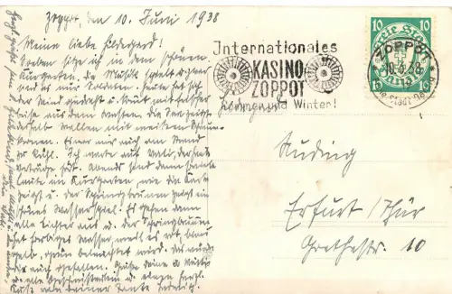 Ostseebad Zoppot / Danzig Kurpark Postkarte Danzig Briefmarke 1938