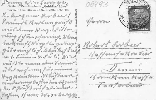 Höhenluftkurort Neudorf/Harz Gast- und Pensionshaus "Goldener Löwe" AK 1941