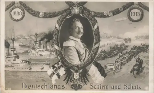 Deutschlands Schirm und Schutz, Wilhelm II. mit Dampfer Patriotika Postkarte AK