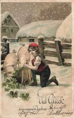 Viel Glück im neuen Jahre Kind Schweine Schnee Kleeblätter Postkarte AK 1912