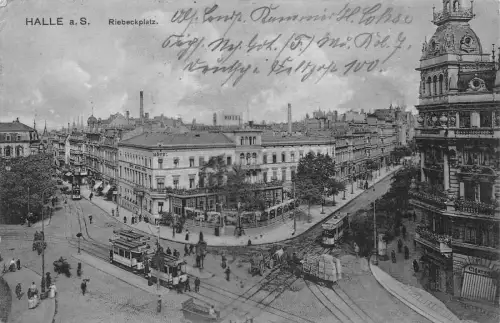 Halle a. S. Riebeckplatz Hotel Straßenbahn Feldpost AK 1918