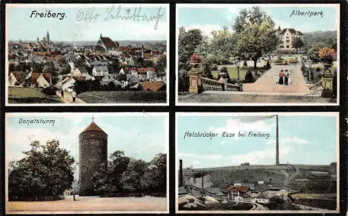 Albertpark, Halsbrücker Esse und Donatsturm Freiberg Sachsen Postkarte AK 1907