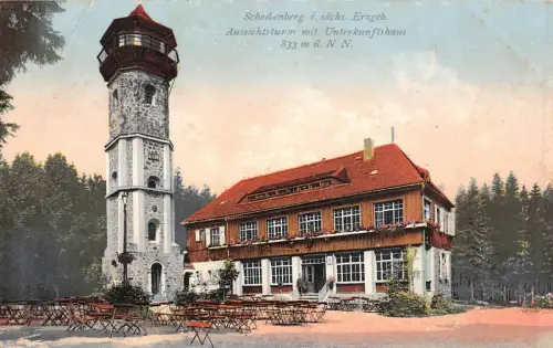 Scheibenberg i. sächs. Erzgebirge Aussichtsturm mit Unterkunftshaus Postkarte