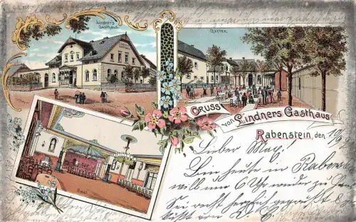Gruss von Lindners Gasthaus Rabenstein Sachsen Litho Postkarte AK 1899