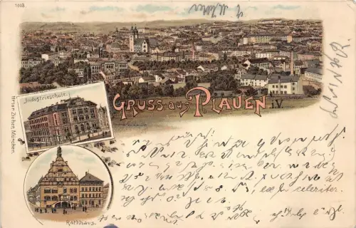 Gruss aus Plauen mit Industrieschule und Rathaus Vogtland Sachsen Litho AK 1899