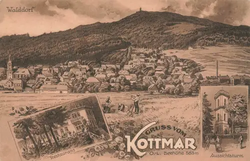 Gruß vom Kottmar mit Stadtansicht auf Walddorf Sachsen Postkarte AK