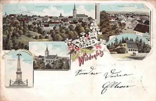 Gruss aus Wildenfels Waldschenke, Friedrichsthal Kirche AK 1898