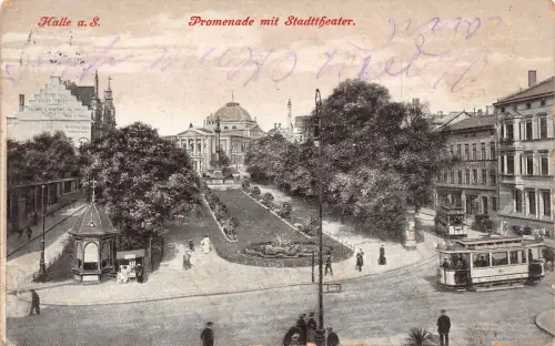 Halle a. S. Promenade mit Stadttheater Postkarte 1911