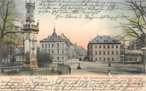 Schwedendenkmal und Petersstraße Freiberg Sachsen Postkarte AK 1906