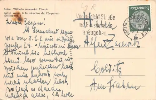 Berlin Kaiser-Wilhelm-Gedächtniskirche Postkarte AK 1937
