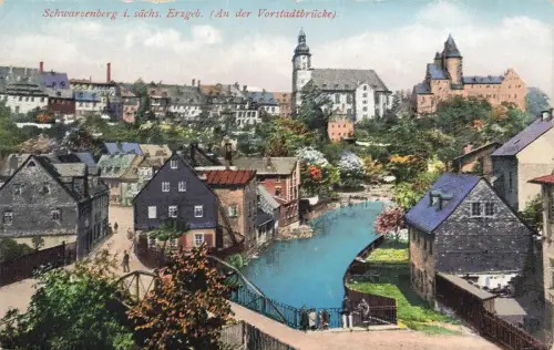 An der Vorstadtbrücke in Schwarzenberg sächs. Erzgeb. Sachsen Postkarte AK 1921