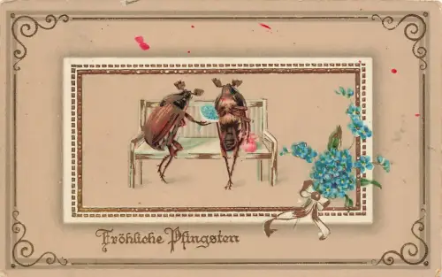 Fröhliche Pfingsten Käfer Blumenstrauß Bank Feldpostkarte AK 1915