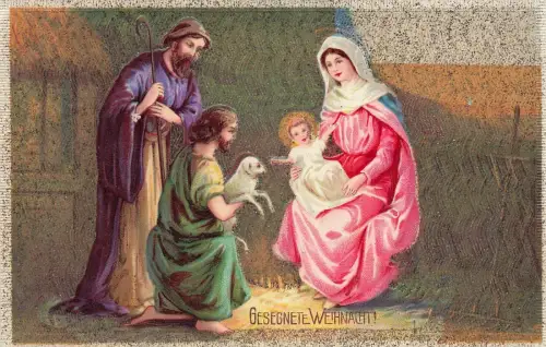 Gesegnete Weihnacht! Lamm Maria Hirten Christkind Postkarte AK 1911