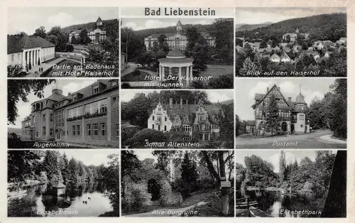 Bad Liebenstein Partie am Badehaus mit Hotel Kaiserhof Augenklinik Postkarte AK