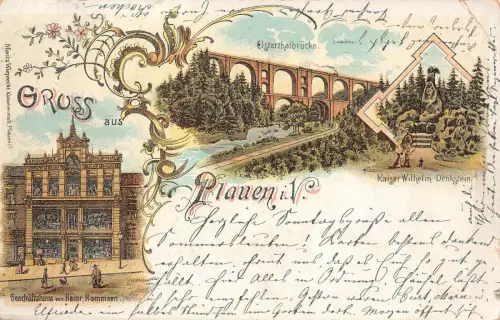 Gruß aus Plauen Elstertalbrücke und Geschäftshaus Vogtland Sachsen Litho AK 1898