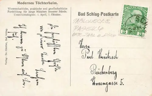 Ansicht Modernes Töchterheim Bad Schlag Böhmen Postkarte AK 1914
