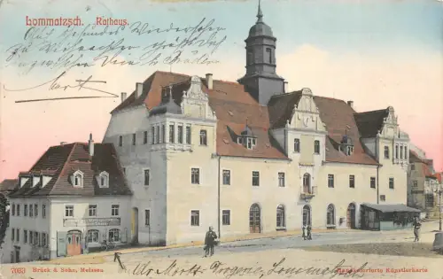 Rathaus und Markt Drogerie Lommatzsch Sachsen Postkarte AK 1908