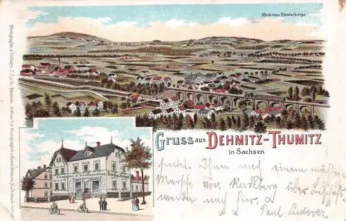 Gruss aus Dehmitz - Thumitz Sachsen Klempnerei Litho Postkarte 1901