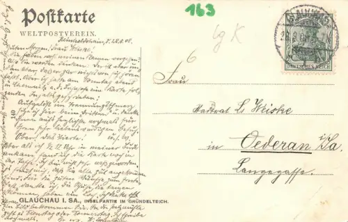 Glauchau i. Sa. Inselpartie im Gründelteich Postkarte AK 1908