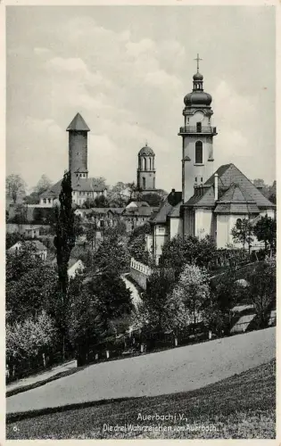 Die drei Wahrzeichen von Auerbach Vogtland Sachsen Postkarte AK 1937