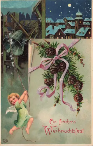 Ein frohes Weihnachtsfest Engel Kind Glocke Zweige Sterne Postkarte AK 1910