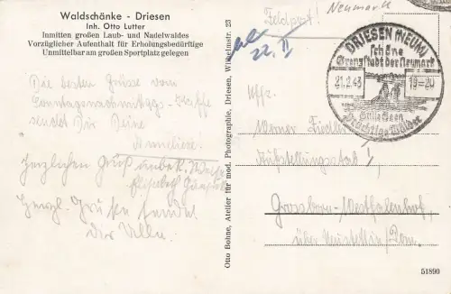 Driesen (Neumark) Waldschänke - Driesen Postkarte 1943