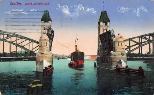Neue Baumbrücke in Stettin Pommern Postkarte AK 1916