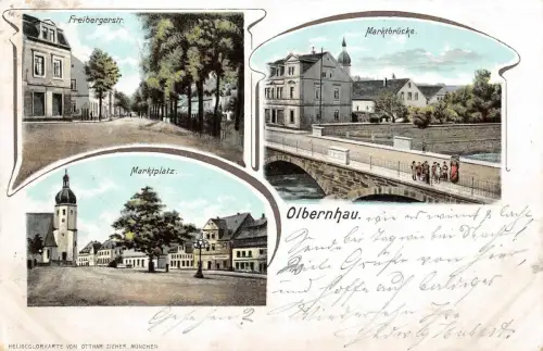 Marktbrücke, Marktplatz und Freibergerstr. Olbernhau Sachsen Postkarte AK 1906