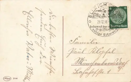 Viel Glück zum neuen Jahre Kinder Instrumente Häuser Schnee Postkarte AK 1938