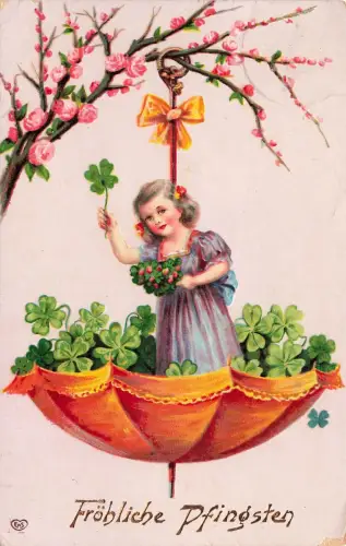 Fröhliche Pfingsten Schirm Kleeblätter Mädchen Pfingstrosen Postkarte AK 1909