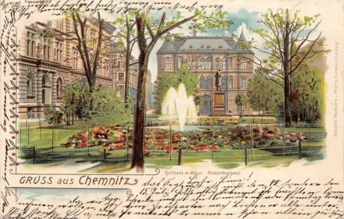 Gruss aus Chemnitz Rathhaus m. Börse Beckerdenkmal Postkarte AK 1900