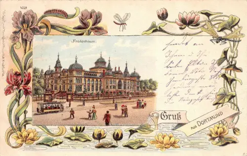 Gruß aus Dortmund Fredenbaum , Strassenbahn Litho Postkarte 1901