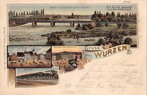Wurzen, Mulde m. Eisenbahnbrücke, Marktplatz, Bahnhof, Postkarte 1900