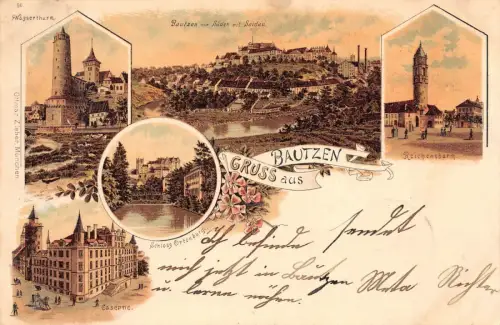 Gruss aus Bautzen Kaserne, Reichenthurm Litho Postkarte 1899