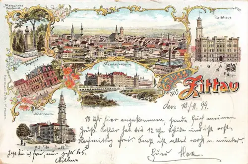 Gruss aus Zittau Rathaus, Postamt Mandaukaserne Sachsen Litho Postkarte AK 1899