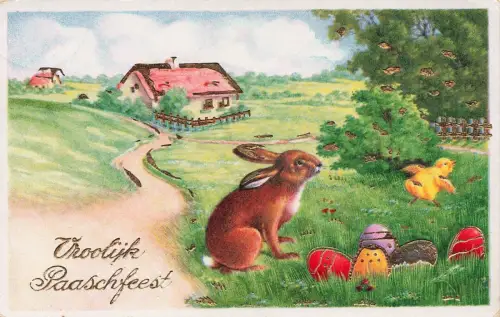 AK Ostern Hase am Haus mit Eier