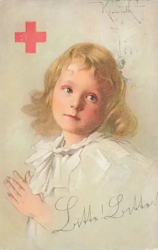 Bitte Bitte! Portrait kleines Mädchen Rotkreuz Patriotika Postkarte AK 1914