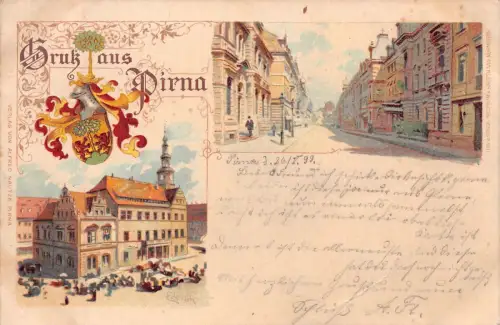 Gruss aus Pirna Strasse, Rathaus, Litho Postkarte 1899