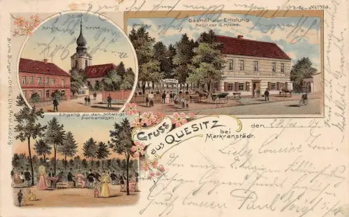 Gruß aus Quesitz bei Markranstädt mit Gasthof, Kirche Sachsen Litho AK 1905