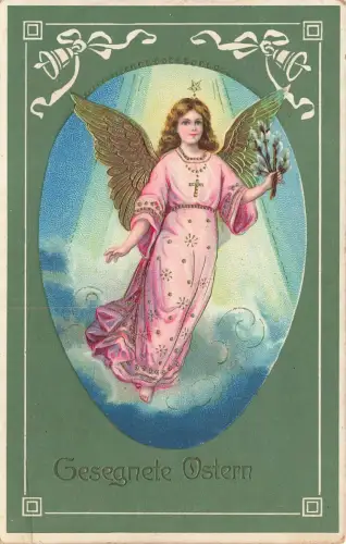 Gesegnete Ostern Engel Flügel Wolken Licht Kreuz Kleid Postkarte 1911